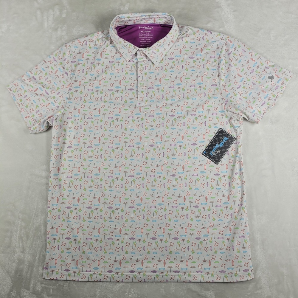 Birdie Bound Polo Shirt Men's XL White Short Sleeve Golf All Over‎ Print NWT